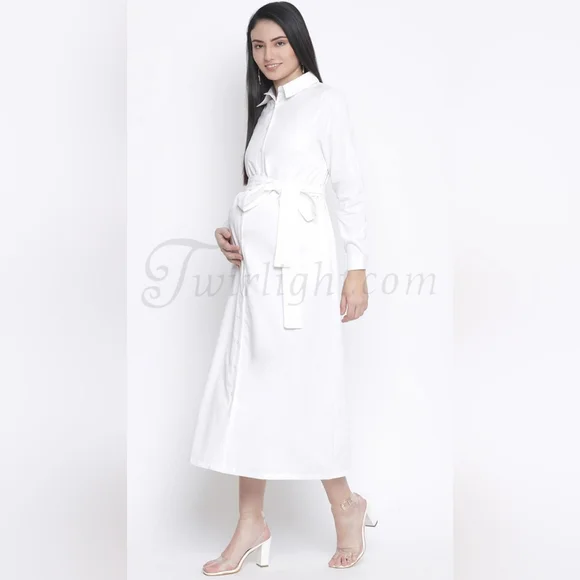 Bianca: Long White Cotton Maternity Dress - Picture 3 of 4